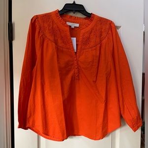 NWT Ann Taylor Loft Embroidered Blouse, Size Medium, Color Tangerine Flame
